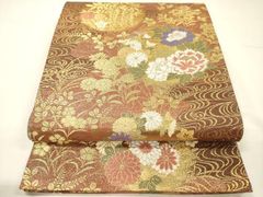 美品 赤茶系の唐織袋帯 四季草花 松竹梅 菊 吉祥文様 セミフォーマル