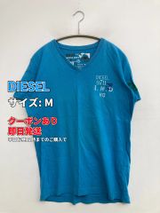 DIESEL ディーゼル Tシャツ/カットソー M スカイブルー 前面プリント バックプリント ワンポイント ブランドロゴ ミドル丈 半袖 Vネック メンズ