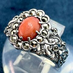 Excellent condition Rokuzan coral marcasite ring Rokuzan/24-2794S