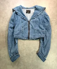 Alley デニムジャケット セーラーカラー ショート丈 フリル 刺繍 F 青 インディゴ ジージャン Gジャン クロップド丈 ライトアウター レディース 韓国ファッション ガーリー 大人可愛い カジュアル 春 秋 羽織り レトロ 古着風のサムネイル