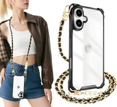 対応 iPhone 17 ケース ショルダー クリア 肩掛け 斜めかけ 縄掛けケース 耐衝撃 TPU 薄型 軽量 携帯ケース アイフォン17 カバー 紐付き 斜めがけ 織りストラップ付き ネックストラップ 取り外し可能 落下防止 ワイヤレス充電対(ブラック)のサムネイル