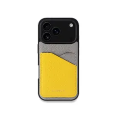 COGURE スマホケース 互換 iPhone17 Pro ケース 本革 シュリンクカーフレザー カード入れ TPUケース シンプル おしゃれ 専用ボックス付き COPC2 グレージュ+イエローのサムネイル