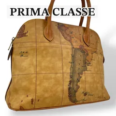 【美品】PRIMACLASSE　プリマクラッセ ハンドバッグ ドーム型 地図柄 ジオクラシカル PVC レザー キャメル 南米 大陸 総柄 ミニ ブリーフケース ビジネス トートバッグ A4 収納 ボストン ヴィンテージ アンティーク レトロ レディースのサムネイル