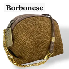 【美品】BORBONESE ボルボネーゼ ミニショルダーバッグ チェーン ポシェット うずら柄 OP柄 半円 ドーム型 ポーチ サコッシュ スエード レザー ブラウン ゴールド プレート スマホ 財布 収納可能 イタリア製 ヴィンテージ レディース 婦人のサムネイル