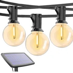 防雨型ソーラーLEDストリングライト 10M 15個LED電球付き E12口金 2700K電球色 PC素材 破損しにくい LEDイルミネーションライト 屋内/屋外照明 ガーデンライト クリスマス イルミネーション 装飾ライト誕生日パーティー電飾 結婚式飾り 1のサムネイル