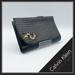 Calvin Klein（カルバンクライン）財布 二つ折り財布 メンズ 総柄 モノグラム CKロゴ ドラゴン 龍 竜 ゴールド金具 ブラック 黒 コンパクト ウォレット レザー 本革 小銭入れ 札入れ カード入れ ブランド 美品【送料無料】のサムネイル