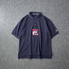90s　FILA　デザインポロシャツ　ワンポイント　刺繍　ビッグロゴ　オリジナル釦　ワイド　ネイビー　ヴィンテージ　フィラのサムネイル