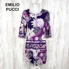 美品 EMILIO PUCCI エミリオプッチ 花柄 シルク 七分袖ワンピースドレス パープルのサムネイル