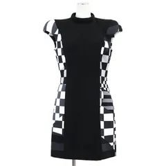 【極美品】Emilio Pucci エミリオ プッチ ワンピース モノトーン PUCCI ロゴ モックネック フレンチ キャップスリーブ チェッカー 幾何学模様 アート 切替 伸縮性 ドレス レディース 42 ブラック グレー ホワイト 黒 灰色 白 伊製のサムネイル
