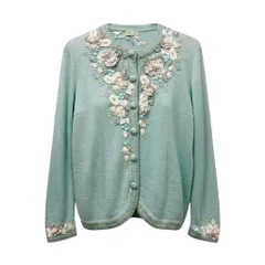 58g5 ATELIER SAGAN アトリエサガン ロングスリーブカーディガン ニットセーター 刺繍デザイン Mサイズ ミントブルー レディース 女性用u02tのサムネイル