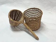 No.527 竹細工 かご2点セット 竹編み 小物入れ 茶こし 網かご 和雑貨 昭和レトロ Bamboo Basket Set
