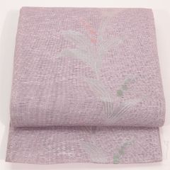 名古屋帯】夏帯 開き仕立て 洗える 銀糸 流水に草葉柄 京藤色 薄物