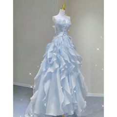 水色ストラップレスパーティードレス バラ飾りロングワンピース M 