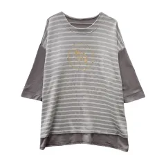 プレッピー バイカラー ストライプ ライト グレー 長袖 Tシャツ M-Lのサムネイル