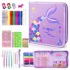 56PCS お絵かきセット 塗り絵キット フルーツの香りのマーカーセット アート着色お絵かきセット マーメイド鉛筆ケース 子供のための画材キット 文房具セット 色鉛筆 クレヨン マーカー 子供のため最高な誕生日プレゼント (マーメイド)のサムネイル