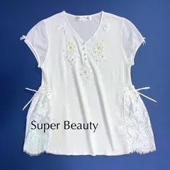 kS17 Super Beauty ビーズ刺繍スパンコールカットソー サイドレース 半袖 花柄 リボン ホワイト 白 スーパービューティーのサムネイル
