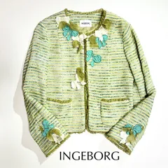 kT115 INGEBORG フリル リボン ノーカラージャケット 刺繍 長袖 レース 3D 立体 グリーン 緑 インゲボルグ PINK HOUSEのサムネイル