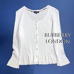 kT119 BURBERRY LONDON 裾 刺繍 長袖 リブニット フリル カーディガン クルーネック ノバチェックライン ホワイト 白 バーバリーのサムネイル