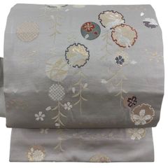 名古屋帯 正絹 クリーム 唐織 西陣織 中古 花 カジュアル yzk994