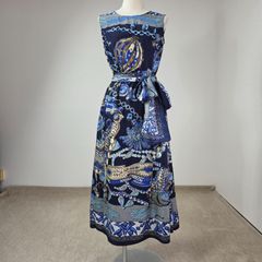 着物リメイク 大島紬裾切り替えロングフレアワンピース（後ろVネック