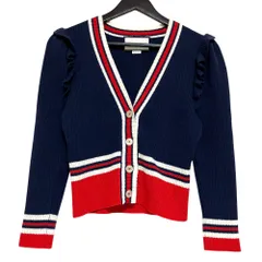 美品 GUCCI グッチ Vネック フリル ニット カーディガン 448290 Sサイズ ネイビー レッド レディース 古着 中古 USEDのサムネイル