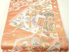 平和屋着物◎六通柄袋帯 唐織 吉祥青海波花文 金銀糸 正絹 逸品
