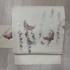 美品】夏用 名古屋帯 蝶とススキ模様 白地 絽 ラメ 正絹 - メルカリ