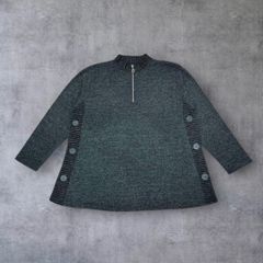 [Excellent Condition] Half-Zip Knit Sweater Tunic, A-line, Side Buttons, Dark Gray, Size L, for Women, Seniors, Tops, Pullover, Figure-Flattering, Ribbed Panel, Long Sleeves, Autumn/Winter Clothing