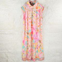 LEONARD レオナール カンカン素材 総柄 ノースリーブワンピース トリム