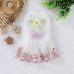 Mピンクレース襟リボン付きドレス チュールワンピース犬の服 わんこ服