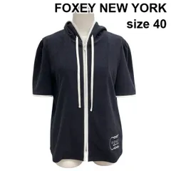 □ フォクシーニューヨーク FOXEY パーカー フーディ 半袖 ダブルジップ フード トップス パイル地 ネイビー 綿混 40 L レディース Z6C550のサムネイル