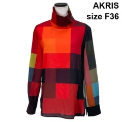 ◆ アクリス AKRIS ハイネックブラウス  長袖 カラーブロック 袖ロールアップ サイドスリット ウール F36 S 7号 レディース S6H318のサムネイル