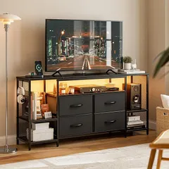 IKIFLY テレビ台 テレビボード 収納チェストロータイプ棚付き 引き出し付き ローボード テレビラックワイドチェスト大容量収納 tv台 可動棚 オープン収納 55型まで対応 省スペース 北欧 (ブラック,  幅135x奥行30x高さ63cm)のサムネイル