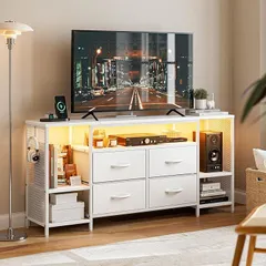 IKIFLY テレビ台 テレビボード 収納チェストロータイプ棚付き 引き出し付き ローボード テレビラックワイドチェスト大容量収納 tv台 可動棚 オープン収納 55型まで対応 省スペース 北欧 (ホワイト,  幅135x奥行30x高さ63cm)のサムネイル