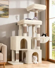 Globlazer キャットタワー 据え置き型 多機能 安定 頑丈 多頭飼い専用 大型猫用 猫タワー 広い見晴台 キャットハウス2つ 補強 柔ら吊り下げバスケット 天然麻紐の爪とぎポスト5つ ぬいぐるみボー ぬ???ぐるみのネズミのおもちゃ 強い安定性 簡単にのサムネイル
