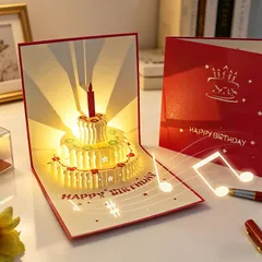 【在庫セール】グリーティングカード LEDライト+Birthday音楽再生 自動点灯 3D立体折り畳み式 封筒付き バースデーカード ケーキ 《Happy Birthday to メッセージカード You》 For 誕生日 (赤)のサムネイル