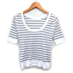 ジョンスメドレー JOHN SMEDLEY アナイ ANAYI スカラップネック サマーニット セーター リブ ボーダー コットン 綿 透け感 クロップド 五分袖 S 白 ホワイト /NT1のサムネイル