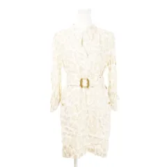 クラスロベルトカヴァリ class roberto cavalli ミニワンピース チュニック スキッパー Vネック 七分袖 ギャザー ベルト 総柄 38 M ベージュ /AH9 ■GY17のサムネイル