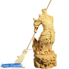 Wooden Figurine - Romance of the Three Kingdoms - Guan Yu (Yun Chang) - Statue of Guan Yu, Guan Di, Guan Gong - God of Wealth - Green Dragon Crescent Blade - Made of Boxwood - High-Quality Natural Boxwood - Traditional Chinese Art - Good Fortune - CZW78P726