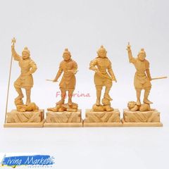 Wooden carving of the Four Heavenly Kings: Tamonten, Komokuten, Zochoten, and Jikokuten. Made of boxwood. Fine art. Boxwood carved Buddhist statue. Buddhist figure. Ornament. Buddhist statue collection. CZW78P392