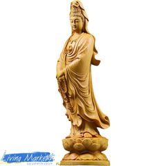 Wooden Buddha Statue, Standing Kannon Bodhisattva, Ornament, High-Quality Boxwood Wood Carving, Wooden Buddha Statue, Boxwood, Kannon Statue, Avalokiteshvara Bodhisattva, Buddhist Art, Feng Shui, Buddhist Altar Statue, Prayer, Protection from Evil, CZW78P050