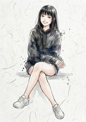 A2サイズ 3487 自転車で進むショートヘアの人物 水彩人物アート - メルカリ