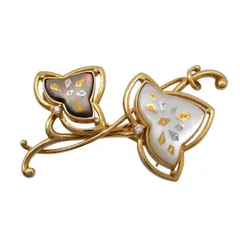 MIKIMOTO ミキモト ピクウェ シェル ダイヤ ダイヤモンド 0.03ct ブローチ K18 750 マザーオブパール 黒蝶貝 白蝶貝 イエローゴールド ブラック ホワイト ピンブローチ コサージュ リーフ 5176のサムネイル