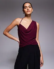 エイソス レディース トップス タンクトップ オープンバック アシンメトリー ASOS DESIGN asymmetric slinky cowl top with open back Burgundのサムネイル