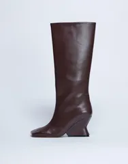 トップショップ レディース シューズ ブーツ・レインブーツ レザー Topshop Selma Premium leather knee high wedge boots in chocolate チのサムネイル