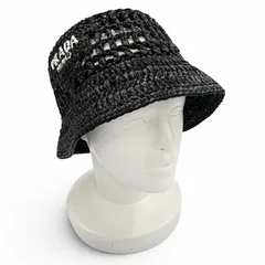 極美品△PRADA プラダ 2022年製 1HC137 ラフィア ロゴレタリング クロシェ バケットハット 帽子 ブラック M イタリア製 正規品 保存袋付のサムネイル