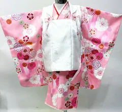 七五三 三歳 女児 被布 着物 フルセット ピンク×白色 ポリエステル 3歳 3才 三才 女の子 祝着 お仕立て無料 NO43844のサムネイル