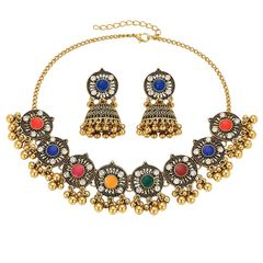 xuanhang Women's Indian Jewelry Set - Gold Tone Choker Necklace, Green Gemstone Jumka Earrings, Ethnic Bridal Statement Jewelry for Weddings, Festivals, Parties, Large, Zinc, Gemstone 0