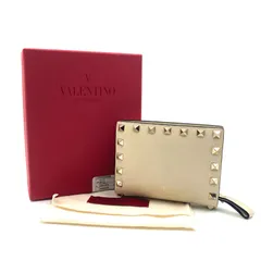 ■極美品■VALENTINO GARAVANI ヴァレンティノガラヴァーニ　ロックスタッズ　カーフスキンコンパクトウォレット　ジップアラウンド　二つ折り財布　レザー　本革　イタリア製　刻印あり　ホワイト系アイボリー　LW2P0620BOL　箱、保存袋付きのサムネイル