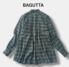 バグッタ BAGUTTA スタンドカラー シャツ ブラウス チェック柄 グリーン フレア 長袖 XS Mサイズ相当 レディース 美品 6JL013のサムネイル